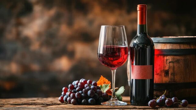 Red wine bottle, glass, grapes, and barrel on wooden table