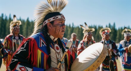 Obraz premium Native american man in traditional attire drumming at a vibrant cultural ceremony