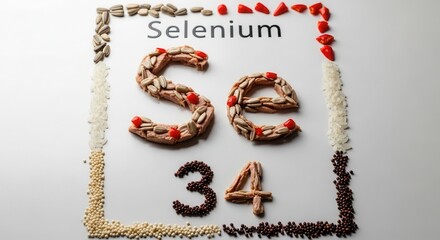 Selenium element se 34 from periodic table square created with natural food ingredients