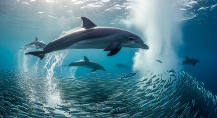 Fototapeta premium Graceful dolphins swim through sunlit ocean depths alongside a large school of fish.