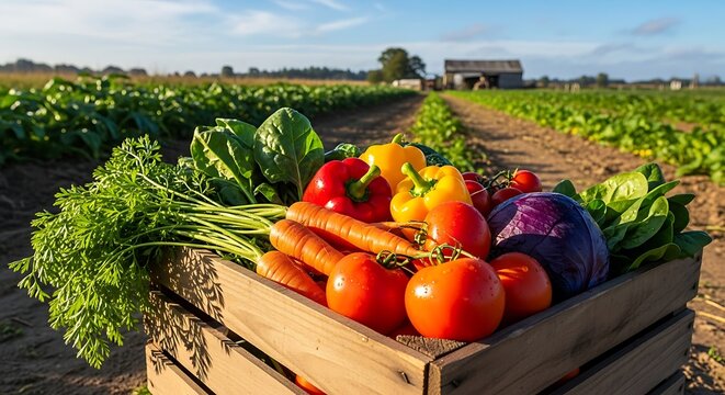 Freshly Harvested Vegetables in Wooden Crate on Farm
