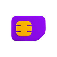 Vector cartoon 3d Sim card illustration. Minimal realistic 3d render violet mobile phone gsm SIM card with golden circuit chip. Communication technology illustration, gsm network eSIM, 4G, 5G concept.