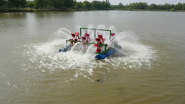 Medium shot capturing the mechanical paddle wheel aerator in action visibly increasing water oxygenation to support fish and aquatic ecosystems.