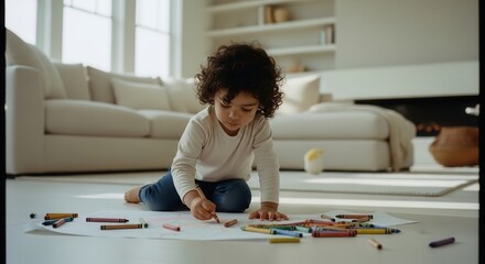 Young child drawing with colorful crayons on paper on the floor in a bright living room