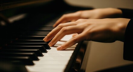 Obraz premium Close up of elegant hands playing a classical grand piano keyboard with artistic skill