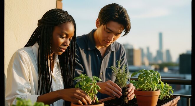 Young diverse couple planting herbs in pots on a sunny apartment balcony with city view - Powered by Adobe
