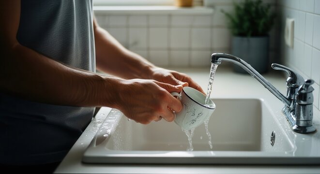 Man washing a ceramic cup under running water in a bright kitchen sink, daily chore - Powered by Adobe