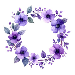 Watercolor floral wreath of purple flowers, leaves, and berries on a black background