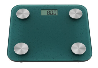 Isolated teal glass digital bathroom scale with display reading eight hundred grams flat lay
