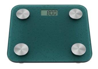 Isolated teal glass digital bathroom scale with display reading eight hundred grams flat lay