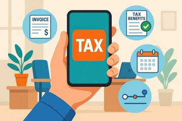 Hand Holding Smartphone Displaying Tax Information in Modern Office Environment with Financial Documents and Calendar