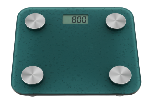 Isolated teal glass digital bathroom scale with display reading eight hundred grams flat lay