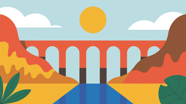 Flat design of a bridge over water with mountains and a sun in the sky in a cartoon style image