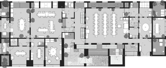 Detailed architectural office floor plan, modern workspace design, interior layout, office blueprint, furniture arrangement, CAD technical drawing