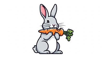 Illustration of a cute bunny holding a carrot in its paws, the bunny is gray and white, and the carrot is orange with green leaves
