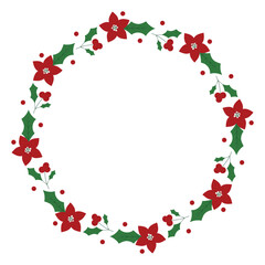 Christmas wreath with poinsettia flowers and holly berries. Decorative element for design, greeting card, invitation, sale.