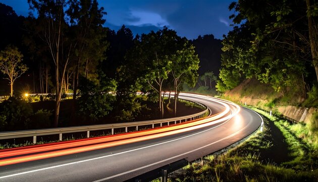 Winding road at night through a lush forest. Light trails of cars on a curved highway. Dark, tranquil scene - Powered by Adobe