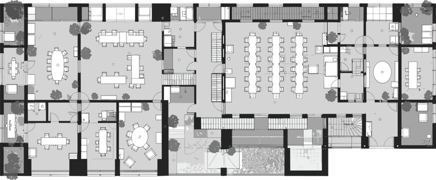 Detailed architectural office floor plan, modern workspace design, interior layout, office blueprint, furniture arrangement, CAD technical drawing