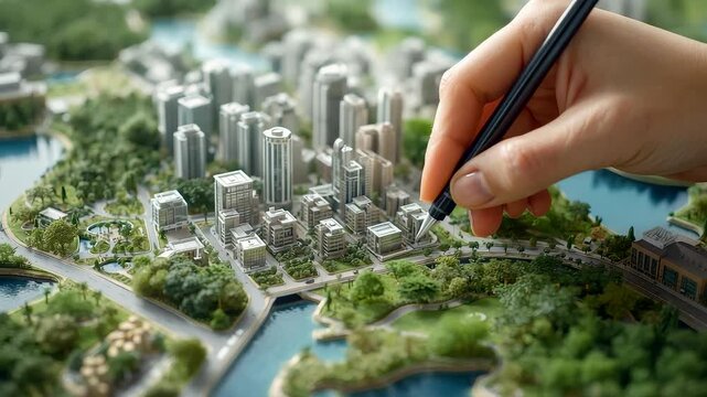Hand designing miniature city model with pen showing modern urban planning concept surrounded by greenery, rivers, and architectural structures
