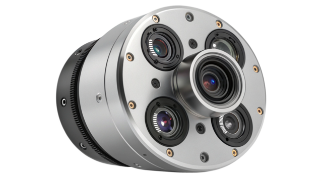 Advanced industrial camera with multiple lenses, isolated on transparent background