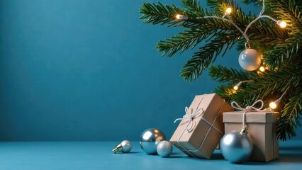 Christmas tree decorated with silver and golden balls, gift boxes, garland lights on blue background. New year card with copy space for text on the right. Certificate mockup design with copy space.