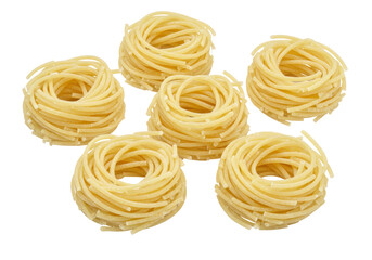 Isolated nests of uncooked pasta, dry thin noodles for Italian cuisine ready to boil quickly