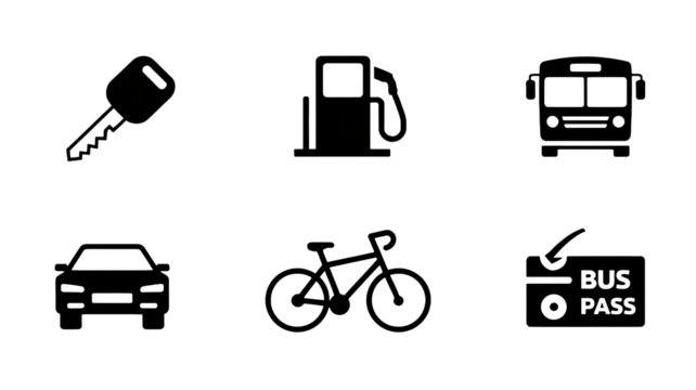 Transportation icons: car key, gas pump, bus, vehicle, bicycle, and bus pass, ideal for travel, mobility, and urban design projects