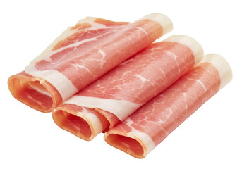 Isolated slices of cured prosciutto meat rolled as appetizer or ingredient in gourmet cuisine