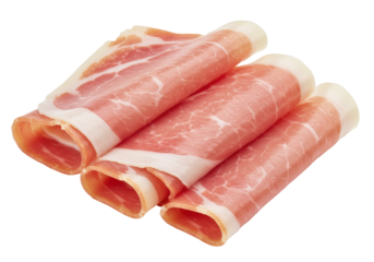 Isolated slices of cured prosciutto meat rolled as appetizer or ingredient in gourmet cuisine