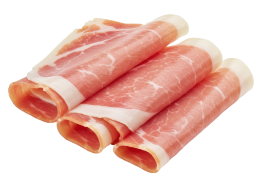 Isolated slices of cured prosciutto meat rolled as appetizer or ingredient in gourmet cuisine