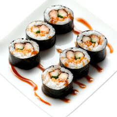 Fresh Shrimp Sushi Rolls with Vegetables on a White Plate, Perfect for Enjoying Japanese Cuisine at Home on transparent background