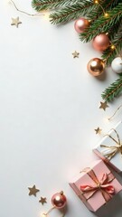 White Christmas background with fir branches and pink, silver, gold decorations, copy space on the left. Mockup design of New Year card. Top view of garland lights, gift boxes and balls. Text place.