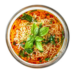 Delicious Bowl of Spicy Asian Noodles with Fresh Basil in a Jar, Perfect for a Quick Meal or Snack on transparent background