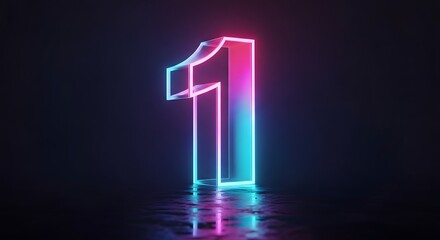 Neon-lit number one glows with vibrant pink and blue hues, reflected on a glossy black surface in a studio shot, creating a modern and futuristic ambiance.