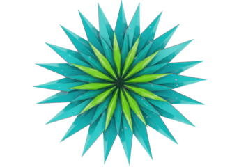 Isolated spiky circular object with green and turquoise leaves or petals in center design