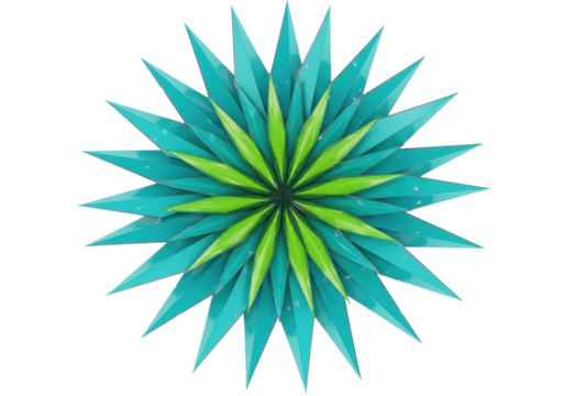 Isolated spiky circular object with green and turquoise leaves or petals in center design - Powered by Adobe