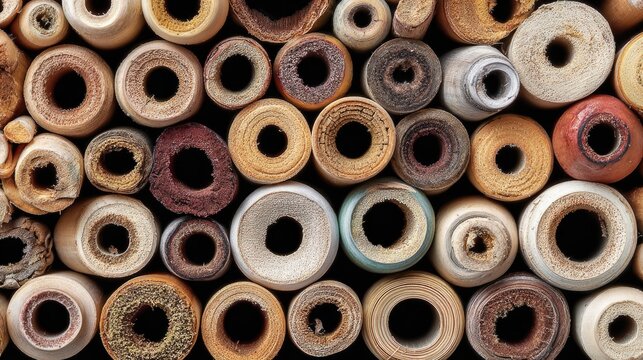 Close-up view of rolled-up, textured tubes in various colors.