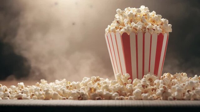 Fresh popcorn overflowing from striped pink bucket, steaming under warm light