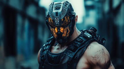 Futuristic soldier with armored helmet cyborg