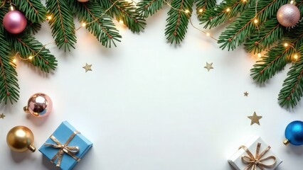 Christmas composition. White background with tree branches in pink and blue decorations, empty space in centre. Mockup design of New Year card. Top view of tree ornaments, baubles, gift boxes, balls.