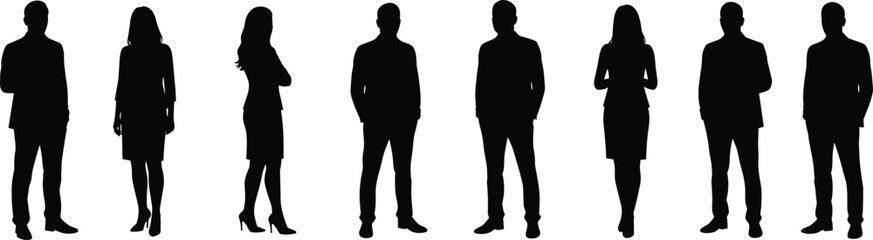 Group of business professionals silhouette, corporate team illustration, standing office people, teamwork concept, male and female figures, black white vector, career success image