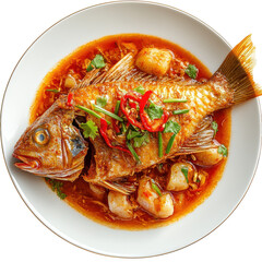 Whole Fried Fish in Spicy Sauce with Vegetables and Herbs, Perfect for Seafood Lovers on transparent background