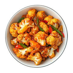 Spicy Stir-Fried Cauliflower with Bell Peppers and Green Onions in a White Bowl on transparent background