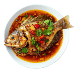 Deliciously Spiced Whole Fish Dish with Fresh Herbs and Chili Garnish in a Flavorful Broth on transparent background
