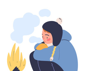 Freezing Woman Character Wearing Warm Clothes Trembling Feeling Cold at Fire Vector Illustration