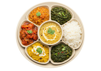 Isolated Indian thali dish with assortment of vegetarian curries and basmati rice meal