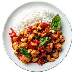 Flavorful Chicken Stir-Fry with Cashews and Rice, Fresh Basil, Colorful Bell Peppers in a Modern Setting on transparent background