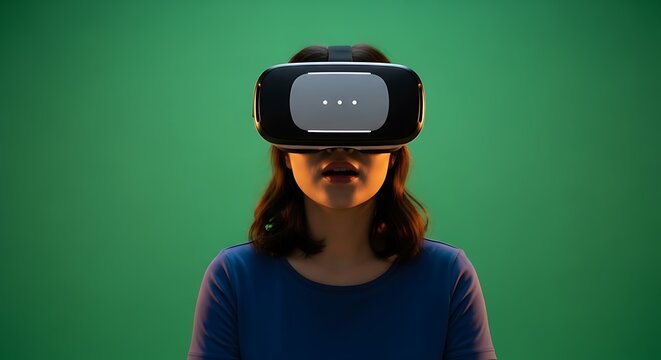 A woman wearing a virtual reality headset with a green screen background looking straight at the camera