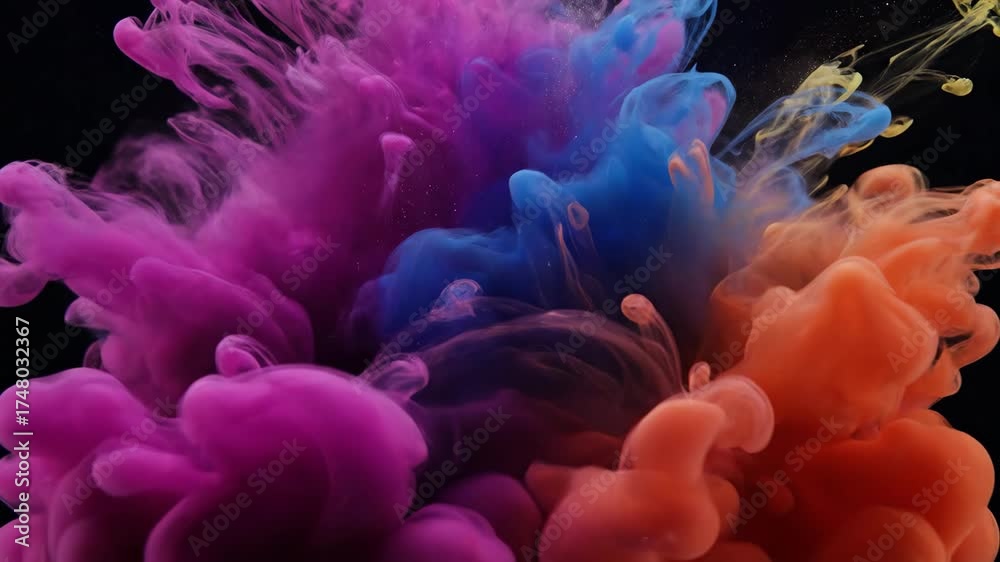 Poster seamlessly looping video of colorful liquid ink expanding rapidly into an abstract underwater explos