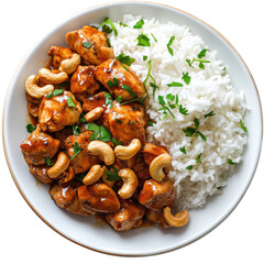 Delicious Chicken Cashew Stir-Fry with Jasmine Rice, Fresh Herbs, and Nuts in a Bright Bowl Setting on transparent background